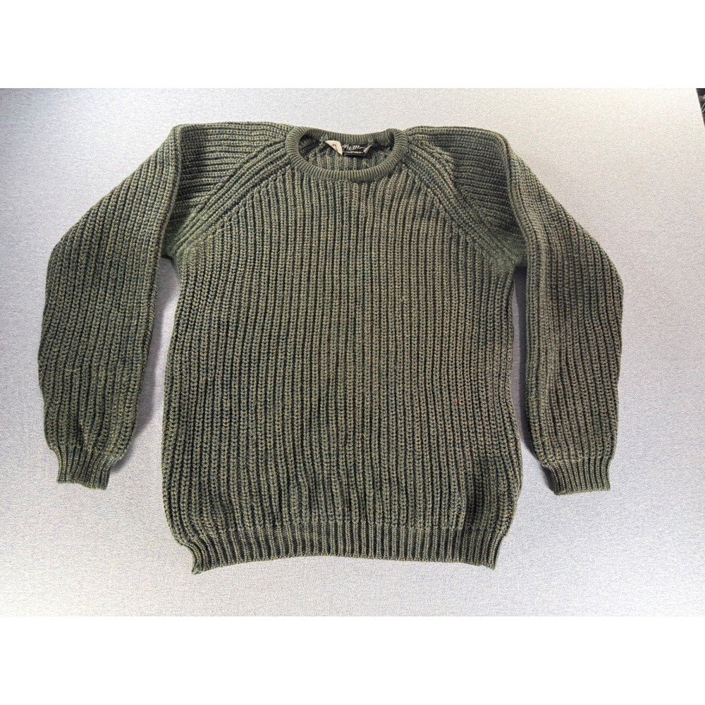 Vintage 60s Illum Kobenhavn Green Wool Shaker Rib Knit Raglan Sweater Mens Small
